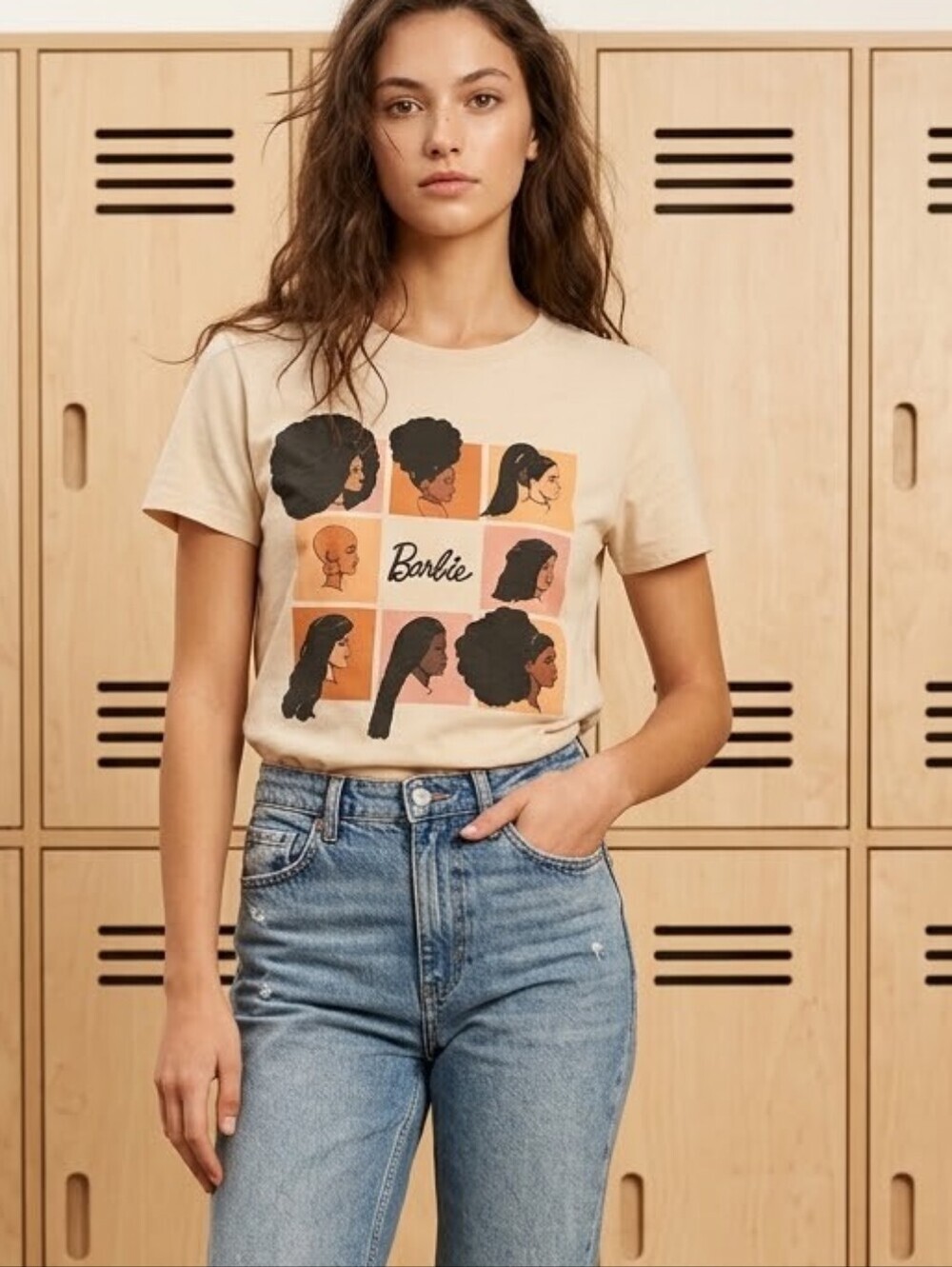 Women's Barbie Soft Beige Short Sleeve Tee Graphic Print Streetwear Casual Large